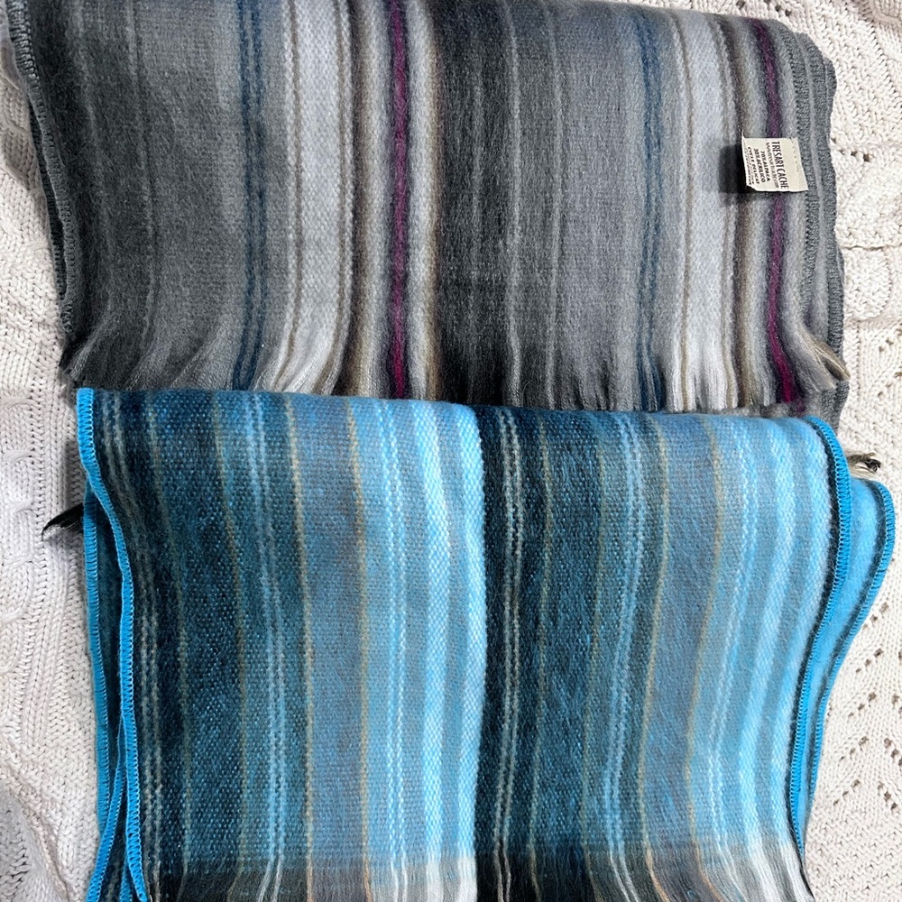 Striped Gray & Blue Alpaca Scarf Set